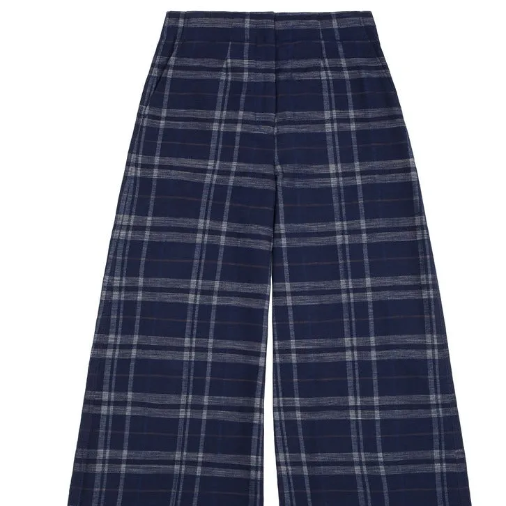 Amelia Wide Leg Culotte Trousers in Navy Check Deadstock Cotton by Saywood