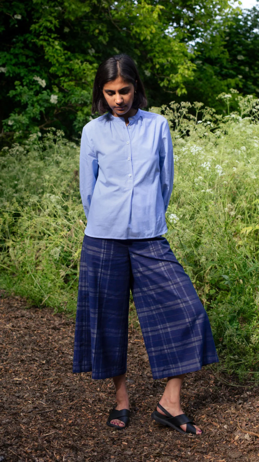 Amelia Wide Leg Culotte Trousers in Navy Check Deadstock Cotton by Saywood