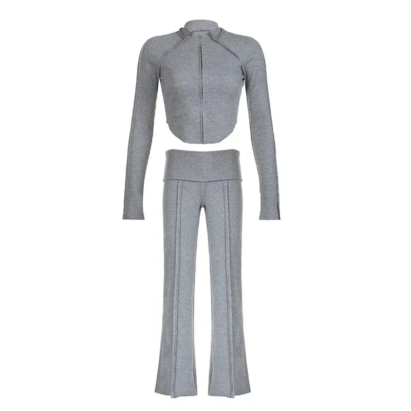 Amozae Women Casual Gray Zip Up Coat Stitching Slim Fit Trousers Fashion Chic Fall Outfits Knitted Basic Co-ords Ladies