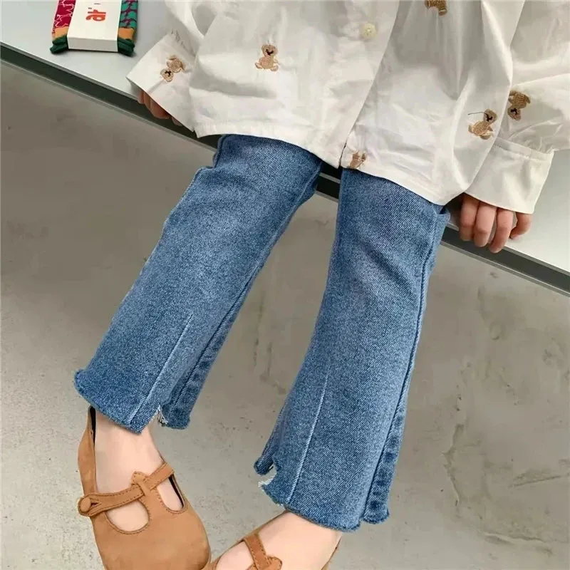 Autumn Girls Casual Denim Flared Pants Children's High Elasticity Fashion Outer Wearing Trousers Baby Girl Versatile Slim Jeans