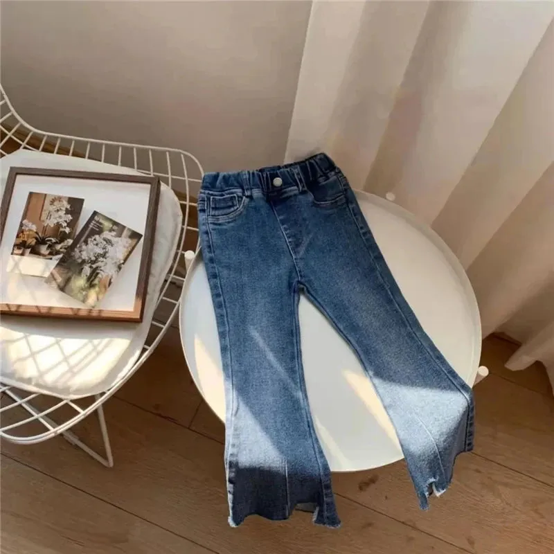 Autumn Girls Casual Denim Flared Pants Children's High Elasticity Fashion Outer Wearing Trousers Baby Girl Versatile Slim Jeans