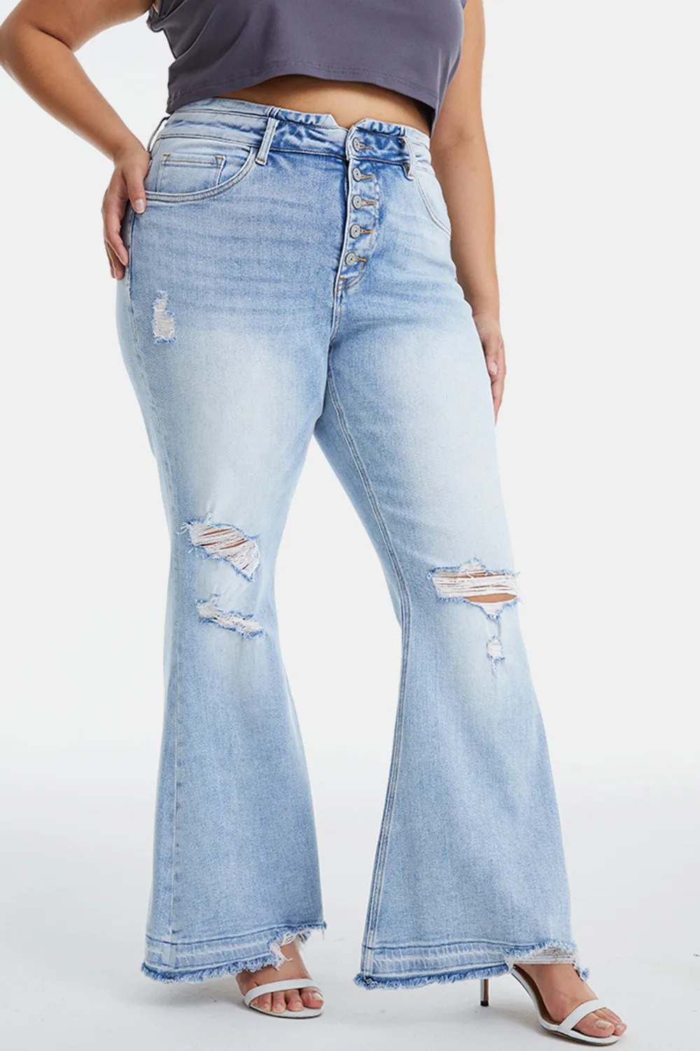 BAYEAS Full Size Distressed Raw Hem High Waist Flare Jeans