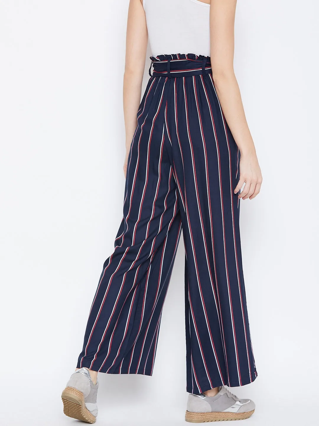 Berrylush Women Navy Blue & Red Striped Pattern Waist Tie-Up Mid-Rise Pleated Parallel Trousers