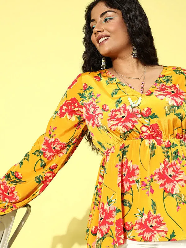 Berrylush Women Plus Size Yellow & Red Floral Printed V-Neck Elastic Waist Crepe Woven Regular Top