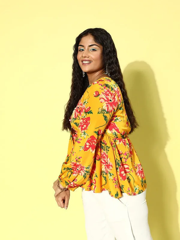 Berrylush Women Plus Size Yellow & Red Floral Printed V-Neck Elastic Waist Crepe Woven Regular Top