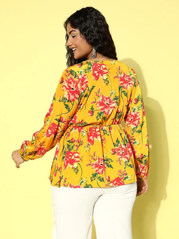 Berrylush Women Plus Size Yellow & Red Floral Printed V-Neck Elastic Waist Crepe Woven Regular Top