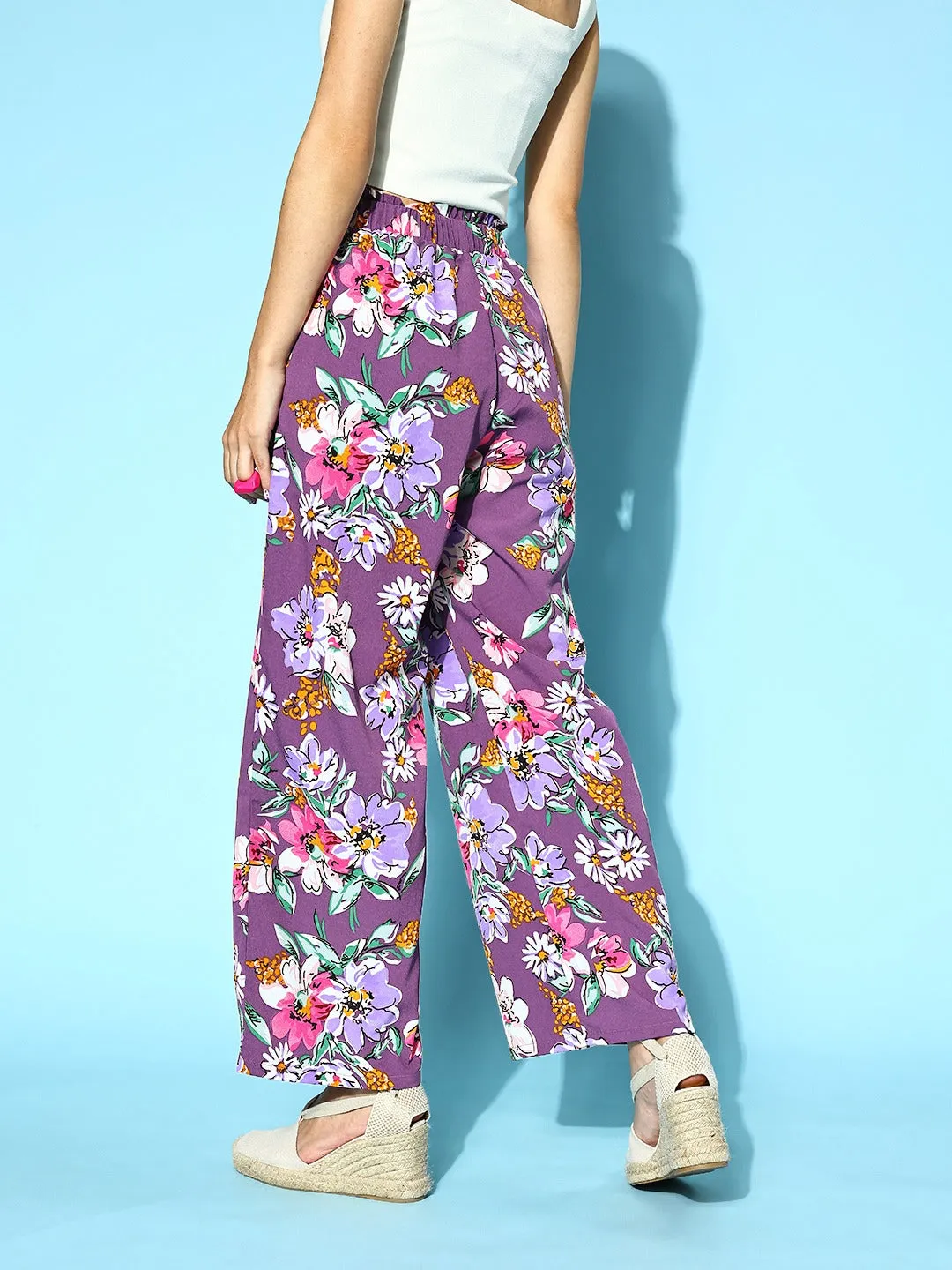 Berrylush Women Purple, Pink, & White Floral Printed High-Rise Elastic Waist Pleated Trousers