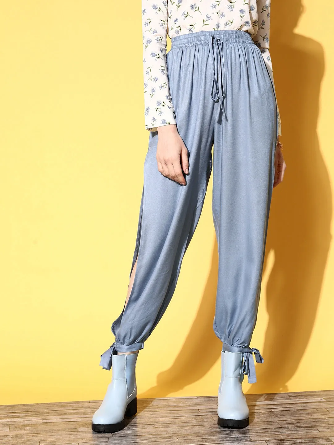 Berrylush Women Solid Blue Tie-Up Waist Thigh-High Slited Relaxed Trousers