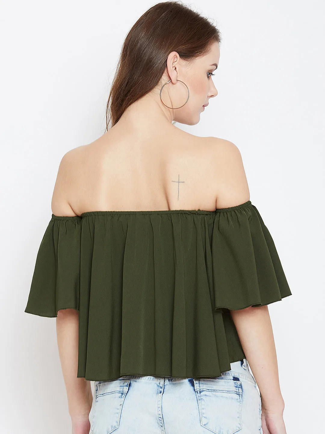 Berrylush Women Solid Olive Green Off-Shoulder Neck Ruffled Crop Bardot Top