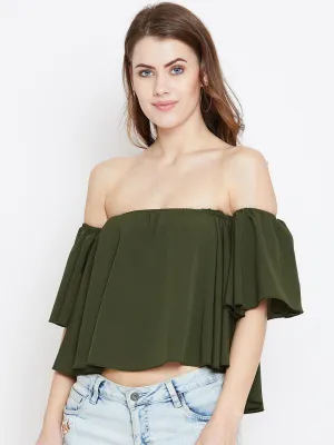 Berrylush Women Solid Olive Green Off-Shoulder Neck Ruffled Crop Bardot Top