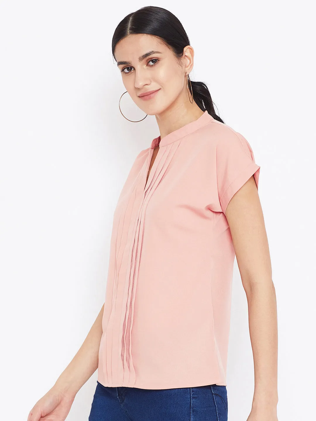 Berrylush Women Solid Pink Batwing Sleeves Mandarin Collar Blouse