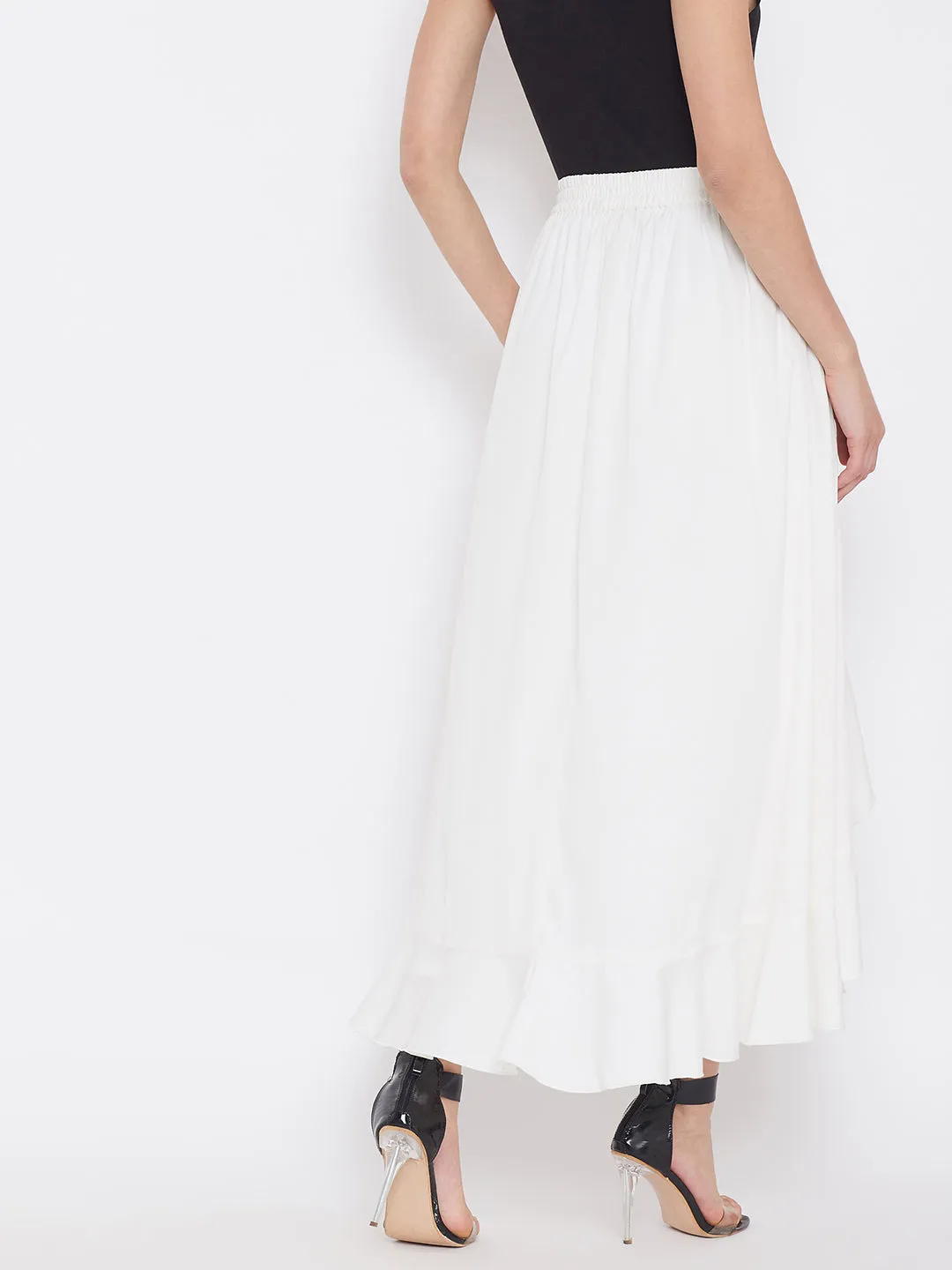 Berrylush Women Solid White Waist Tie-Up Ruffled Maxi Skirt with Attached Trousers