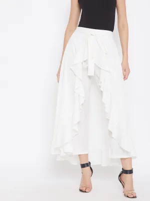 Berrylush Women Solid White Waist Tie-Up Ruffled Maxi Skirt with Attached Trousers