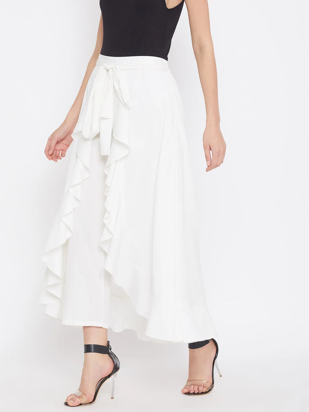 Berrylush Women Solid White Waist Tie-Up Ruffled Maxi Skirt with Attached Trousers