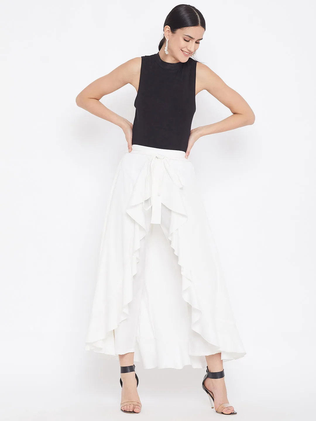 Berrylush Women Solid White Waist Tie-Up Ruffled Maxi Skirt with Attached Trousers