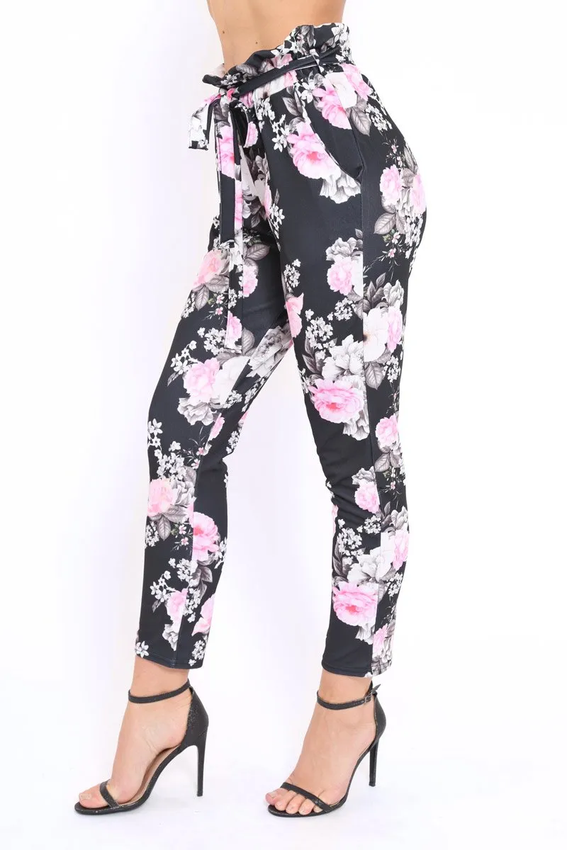 Black Floral Paper Bag Tie Waist Cigarette Trousers - Jana