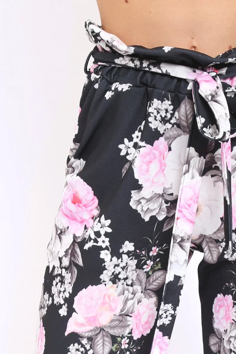 Black Floral Paper Bag Tie Waist Cigarette Trousers - Jana