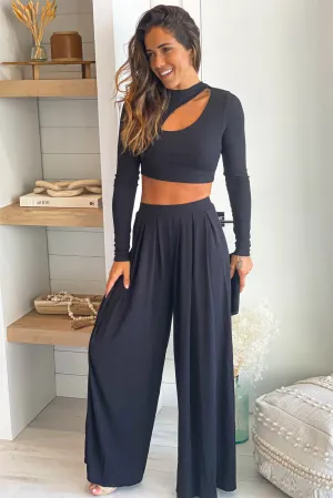 Black Top Long Sleeve And Pants Set