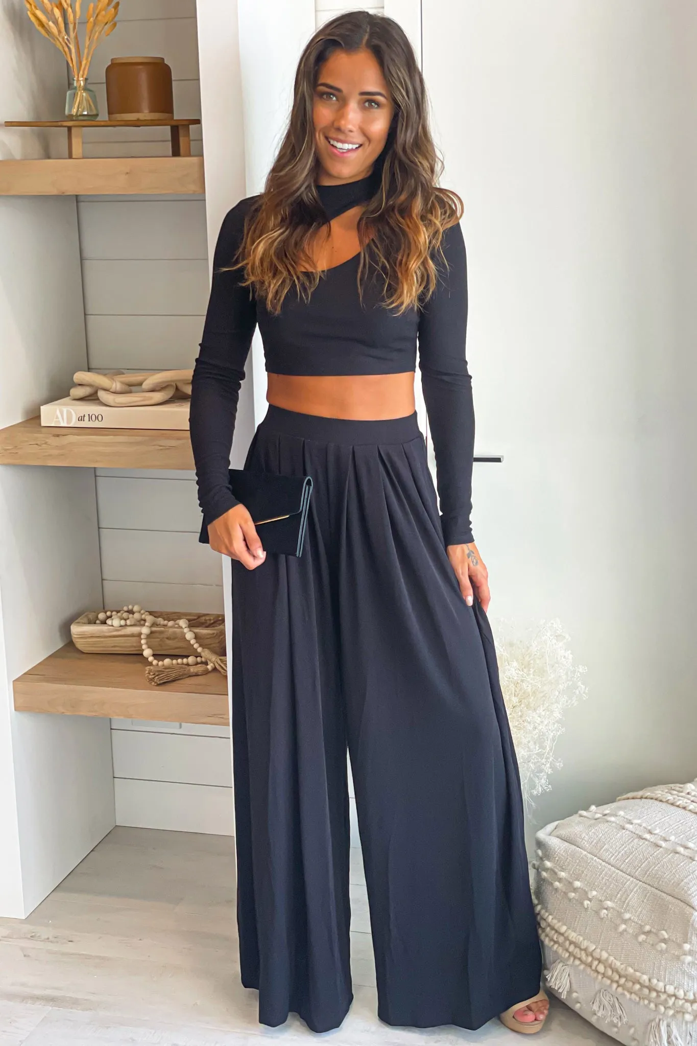 Black Top Long Sleeve And Pants Set