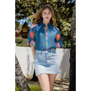 Blue and Floral Embroidered Puff Sleeve Top