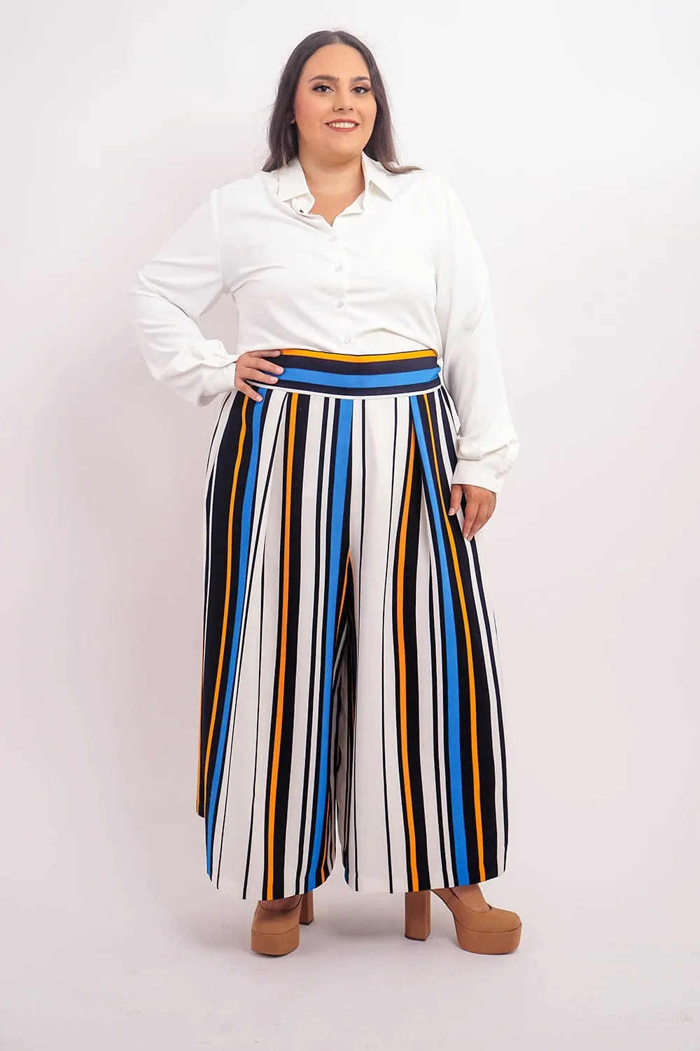 Blue Stripe Pleated Wide Leg Kira Pants