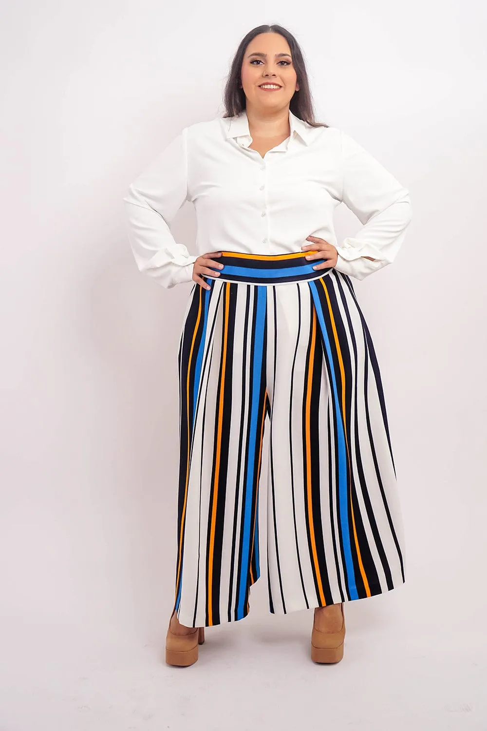 Blue Stripe Pleated Wide Leg Kira Pants