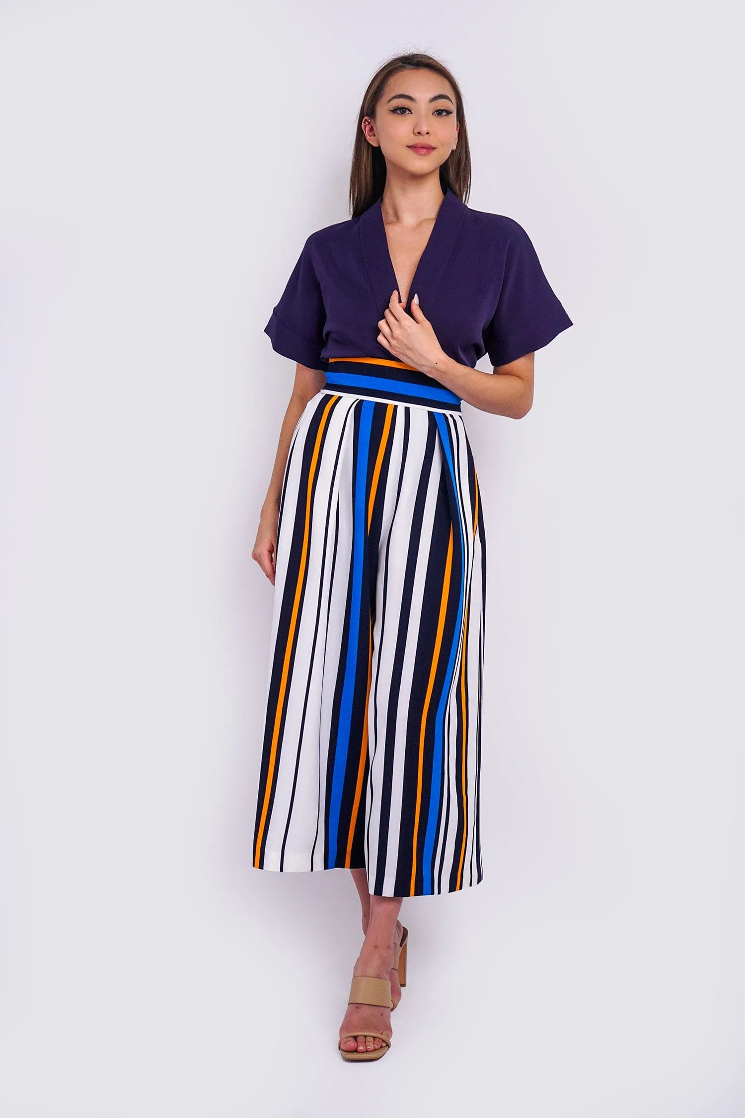 Blue Stripe Pleated Wide Leg Kira Pants