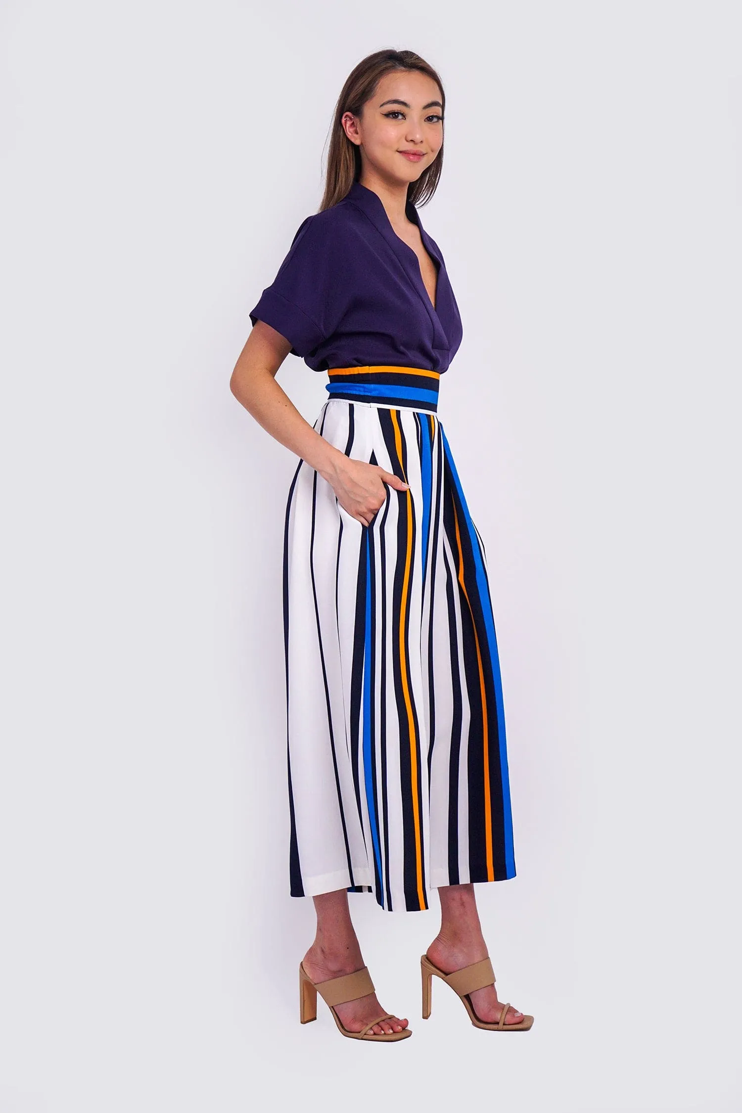 Blue Stripe Pleated Wide Leg Kira Pants