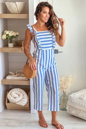 Blue Striped Ruffled Jumpsuit With Tie Back