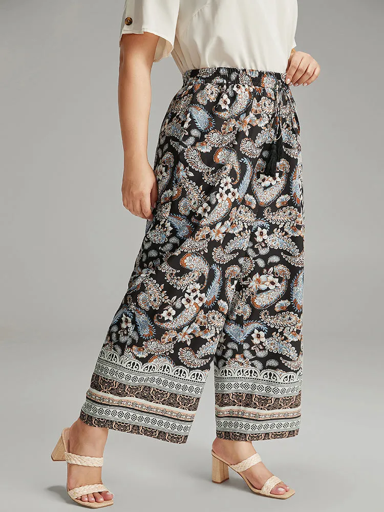 Boho Print Tassel Elastic Waist Pants