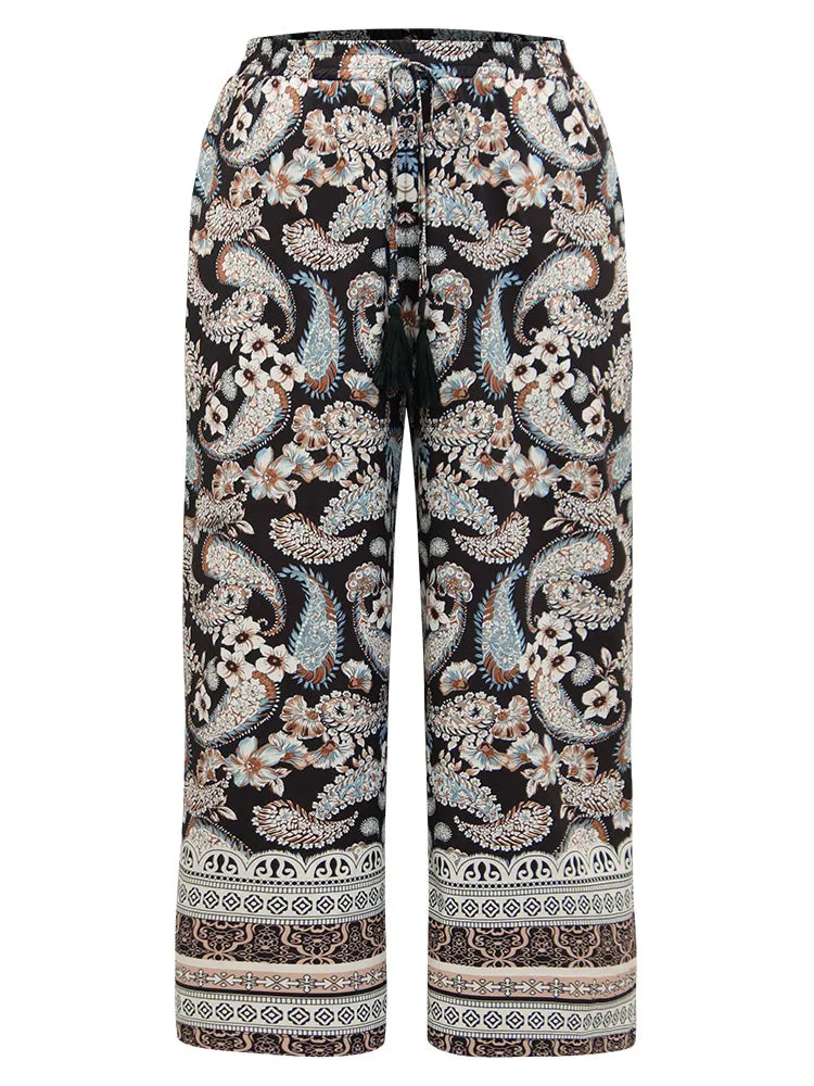 Boho Print Tassel Elastic Waist Pants