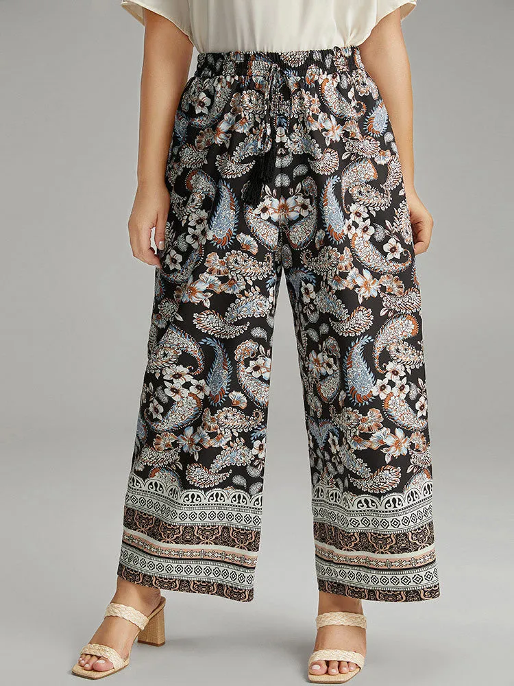 Boho Print Tassel Elastic Waist Pants