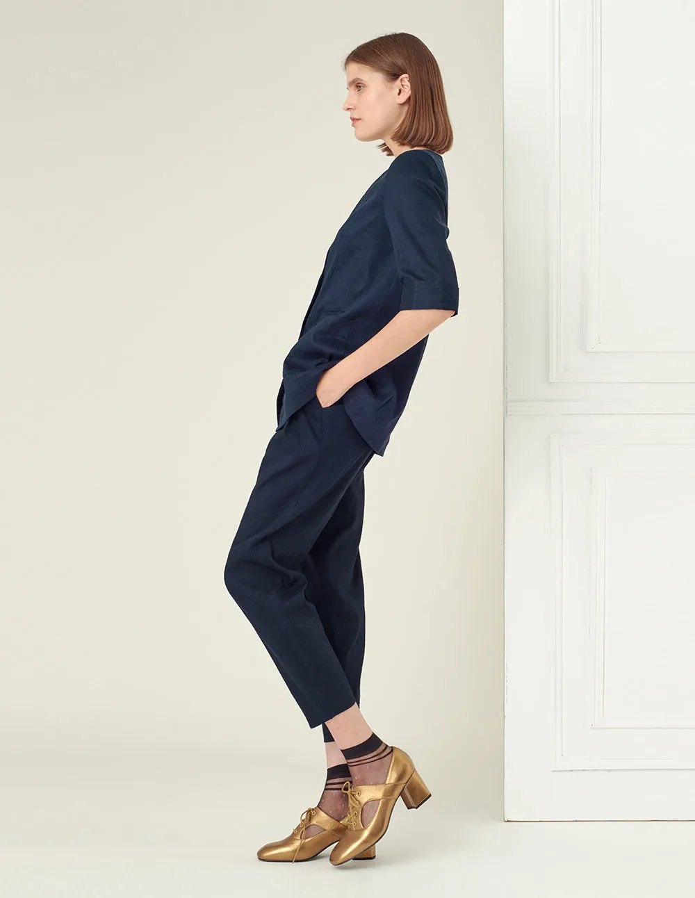 BORA AKSU Navy blue linen-blend suit pants