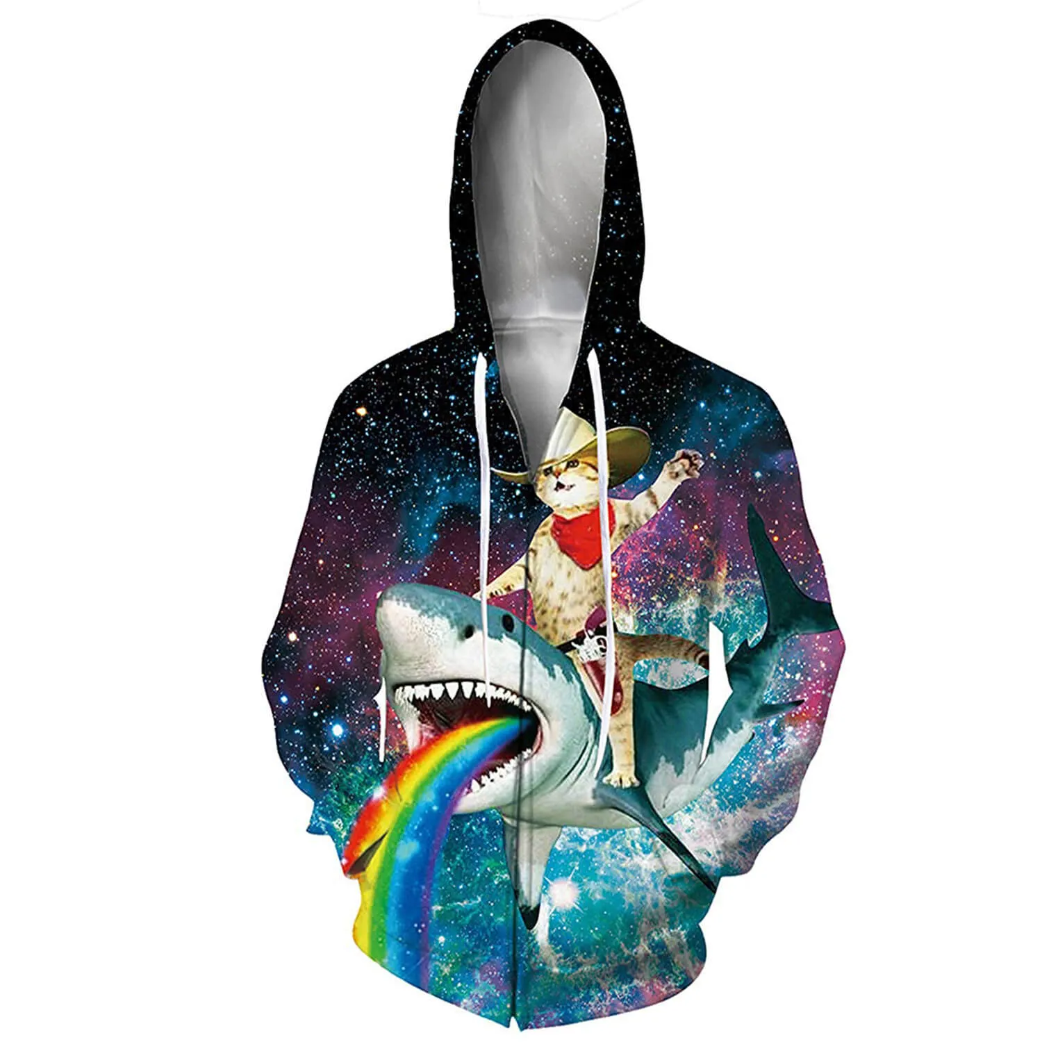 Cat Riding Shark Zip Funny Hoodie