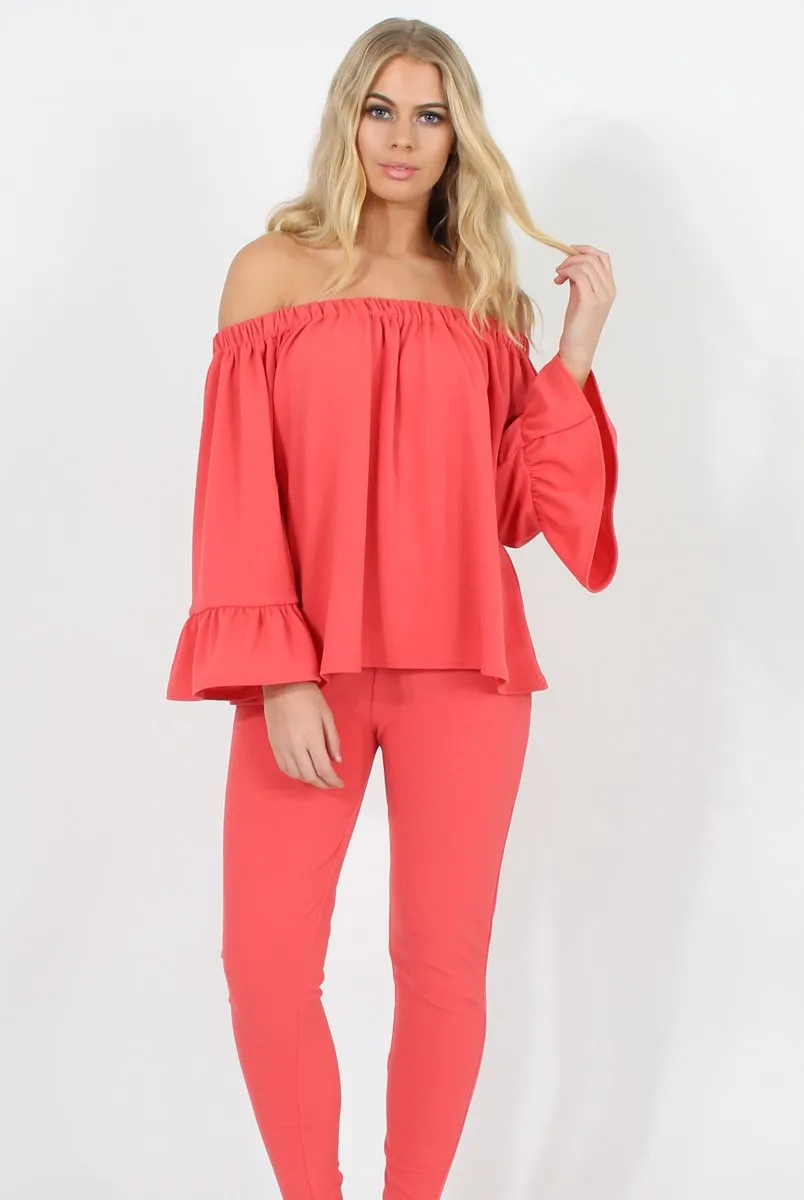 Coral Off The Shoulder Co-ord - Lydia