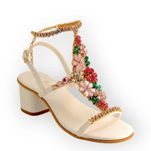 Daisy Bouquet, Jewel Sandal With Crystal Flowers And Block Heel