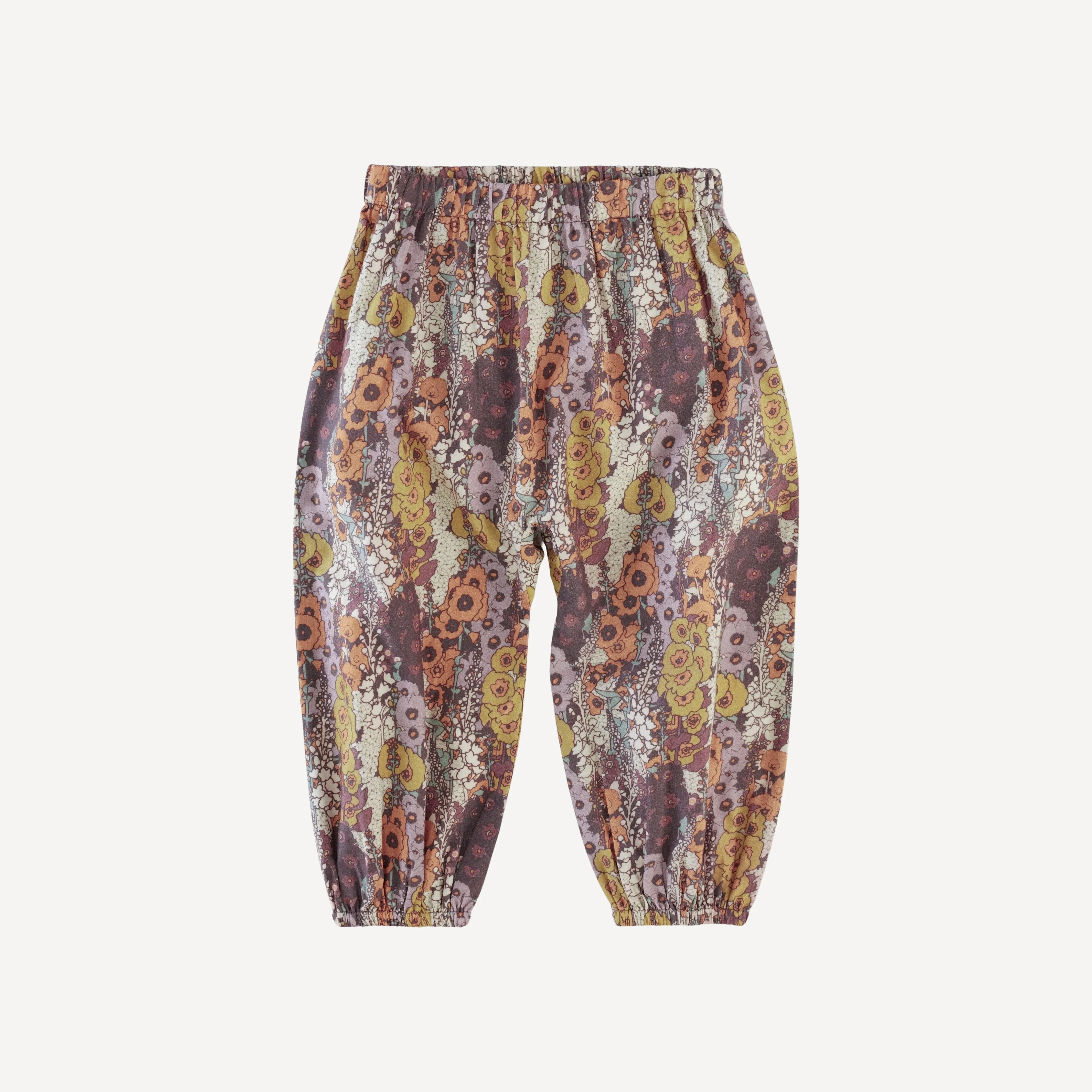 gathered drop seat bubble pant | raisin hollyhocks | organic cotton mid-weight woven