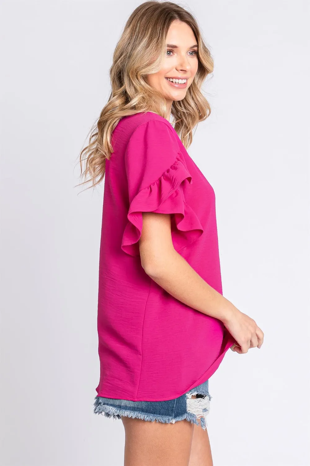 GeeGee V-Neck Ruffle Trim Short Sleeve Blouse