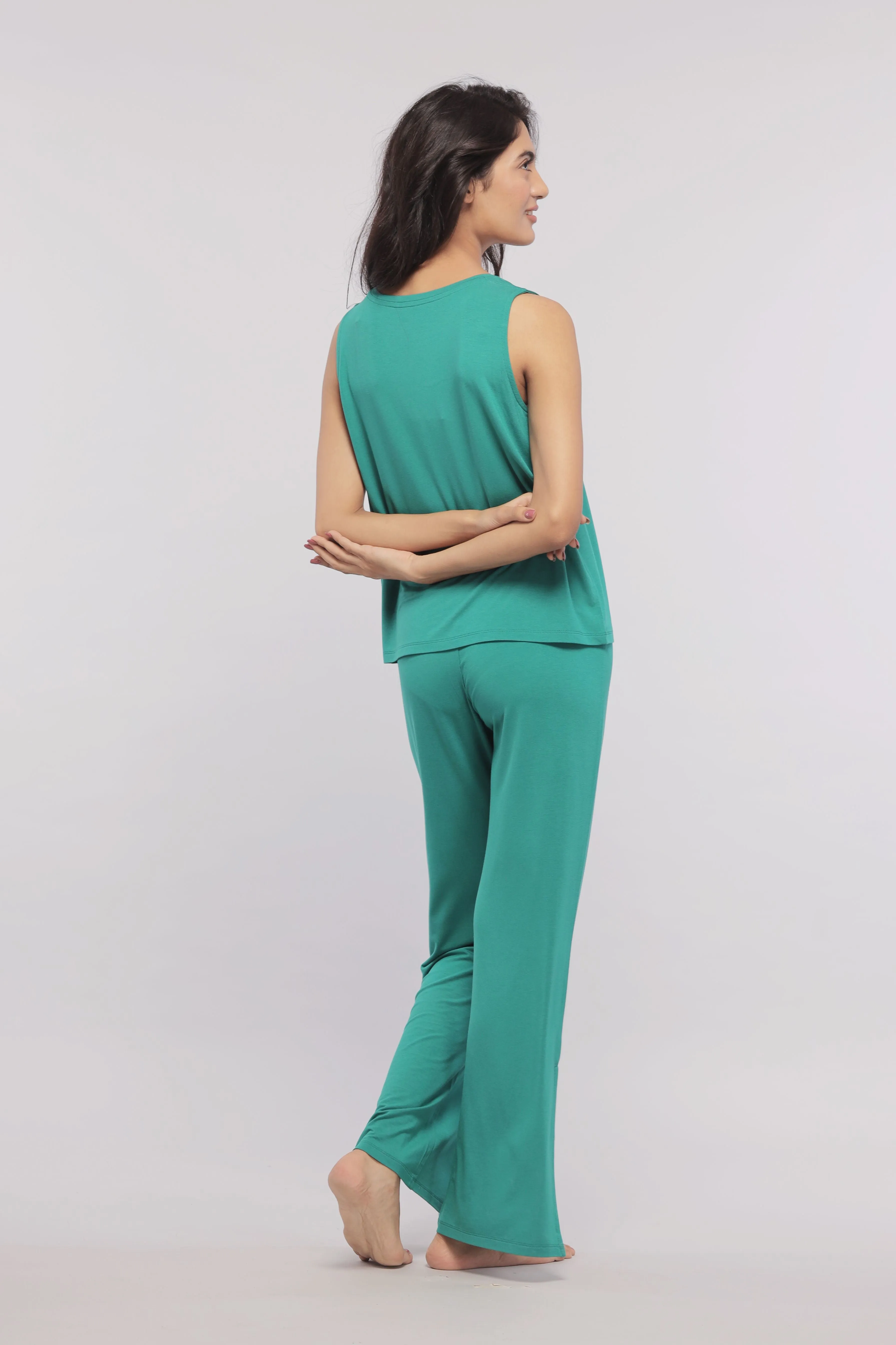 Green Flared Lounge Pants with Side Slits