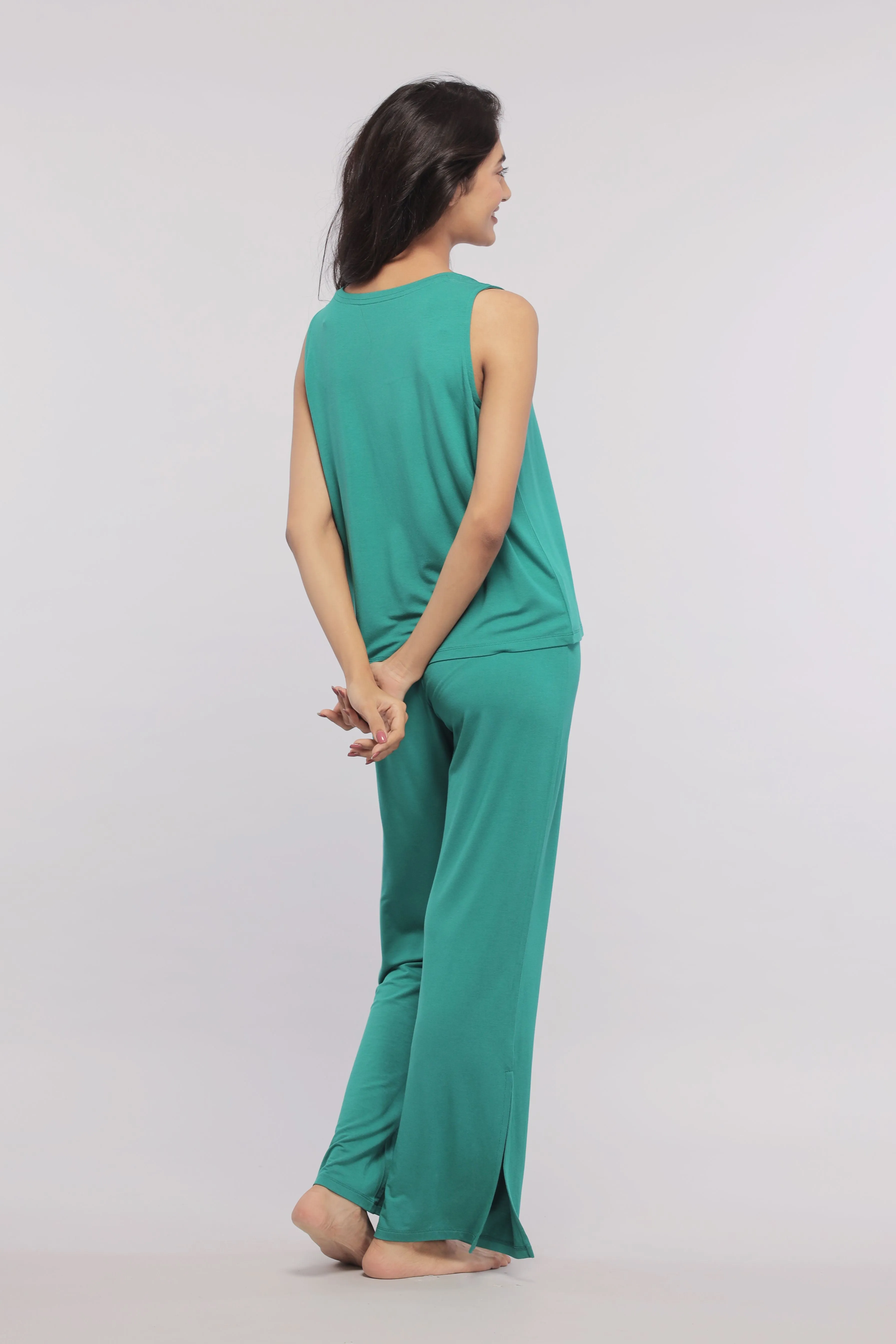 Green Flared Lounge Pants with Side Slits