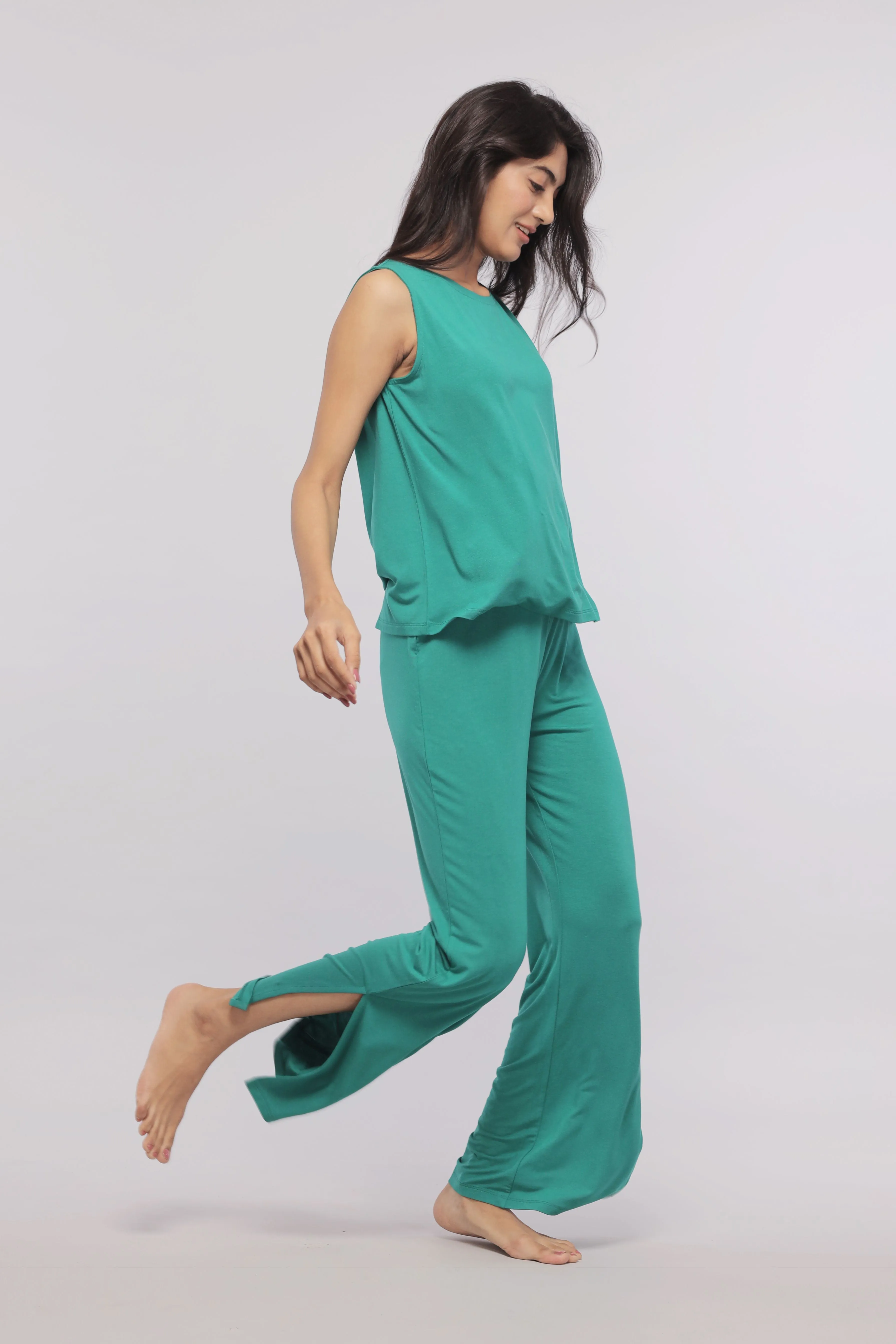 Green Flared Lounge Pants with Side Slits