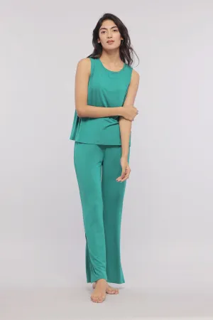 Green Flared Lounge Pants with Side Slits