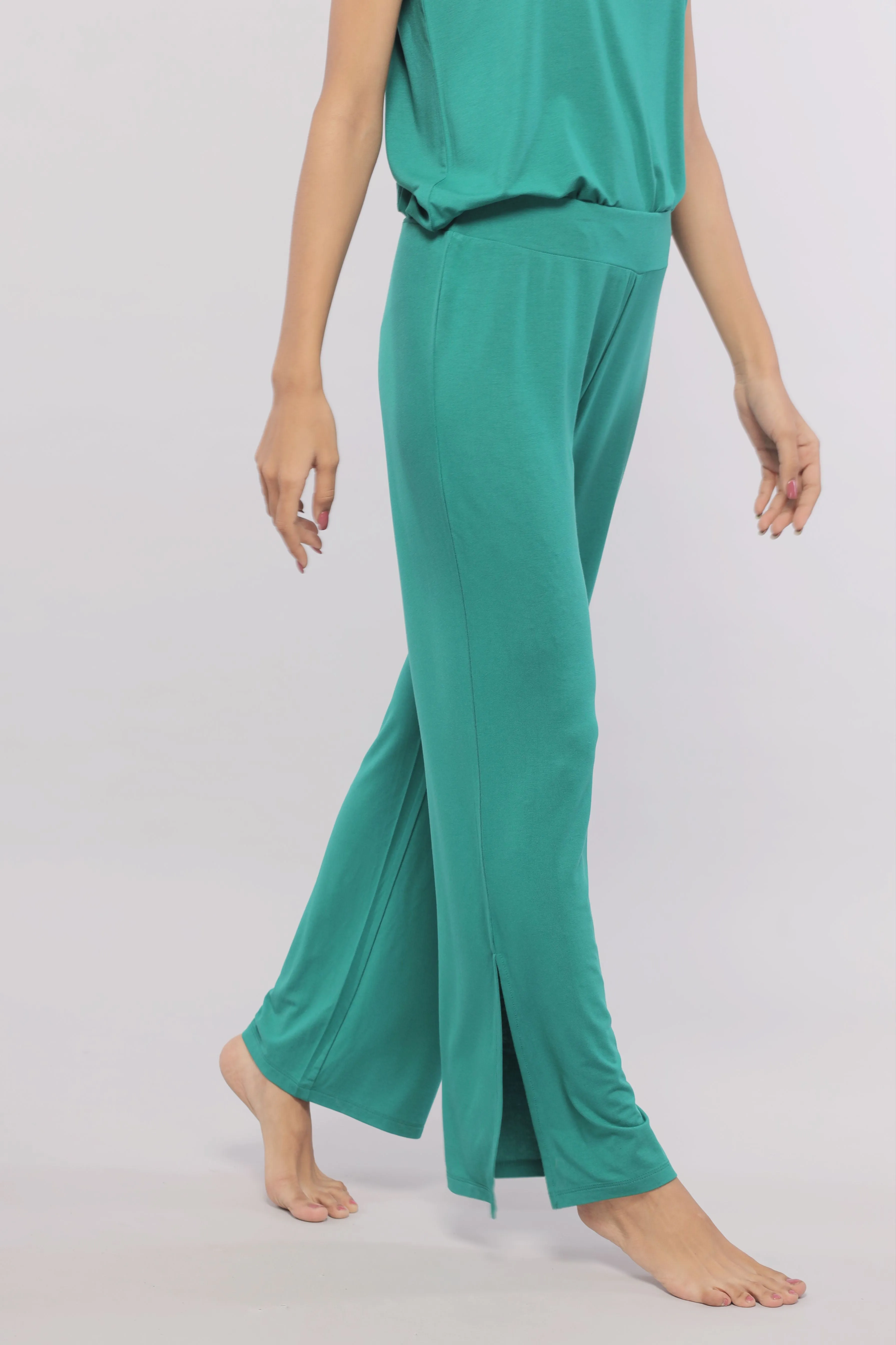 Green Flared Lounge Pants with Side Slits