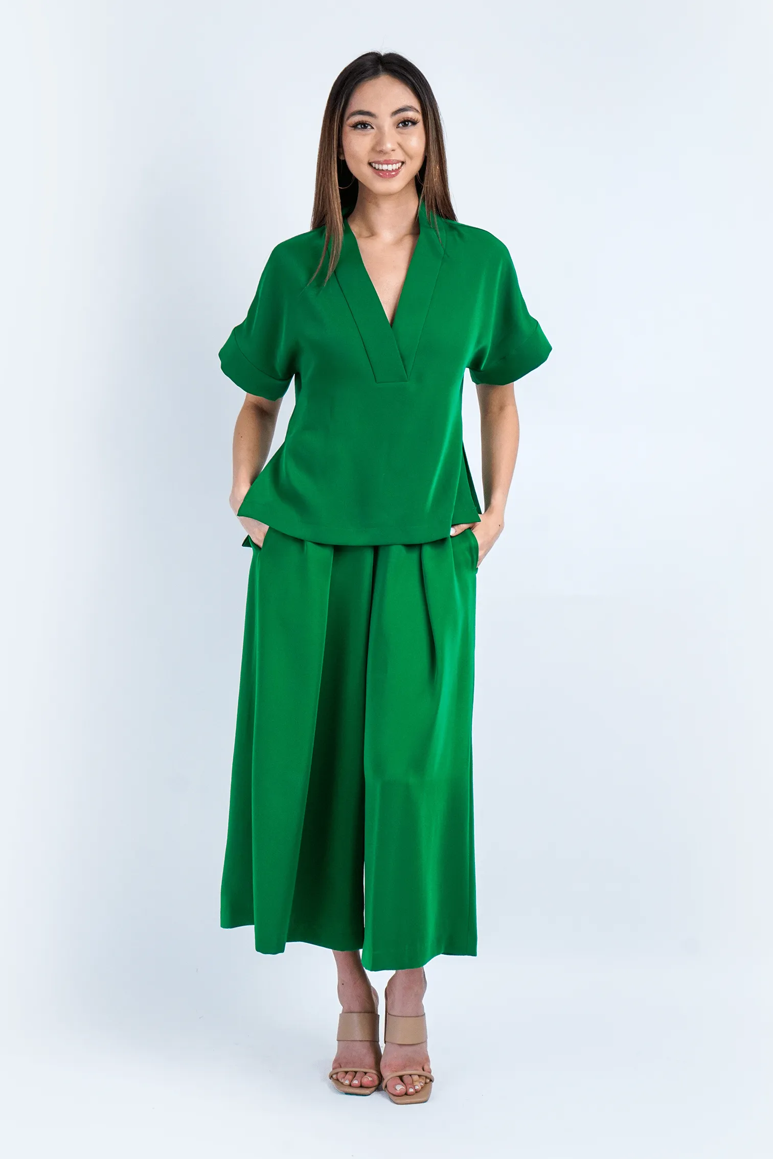 Green Pleated High Waist Wide Leg Kira Pants