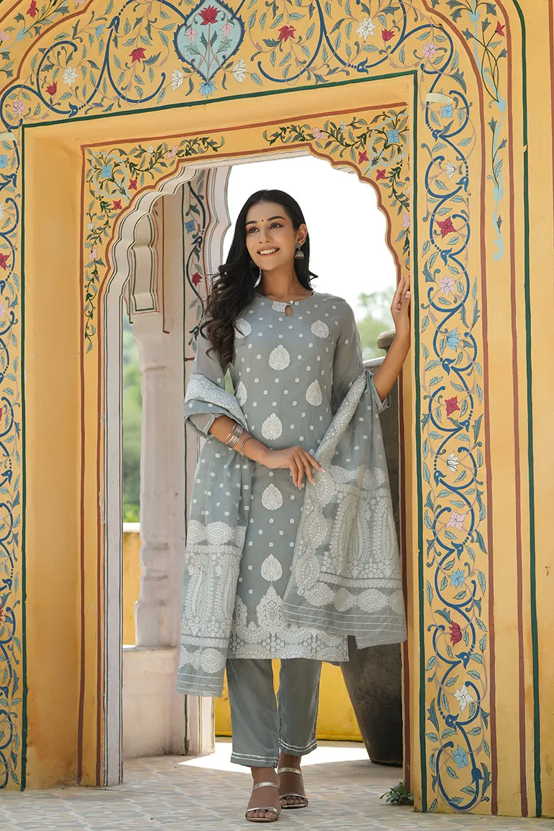 Grey Poly Chanderi Ethnic Motifs Straight Suit Set