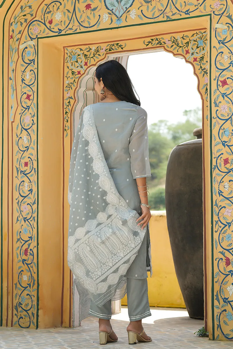 Grey Poly Chanderi Ethnic Motifs Straight Suit Set