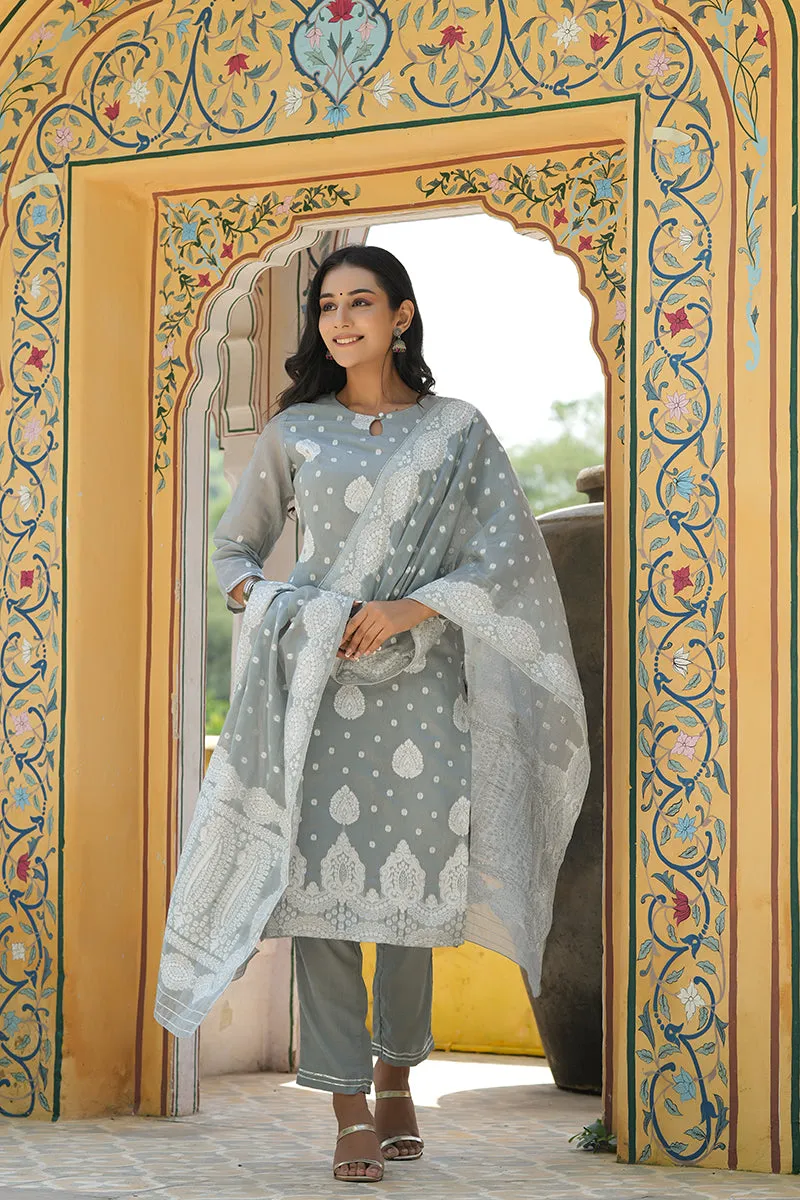 Grey Poly Chanderi Ethnic Motifs Straight Suit Set