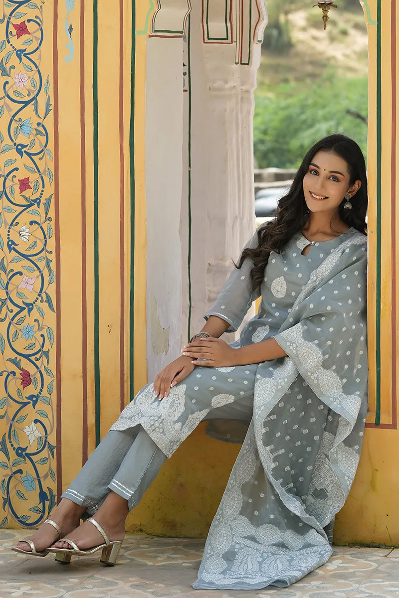 Grey Poly Chanderi Ethnic Motifs Straight Suit Set