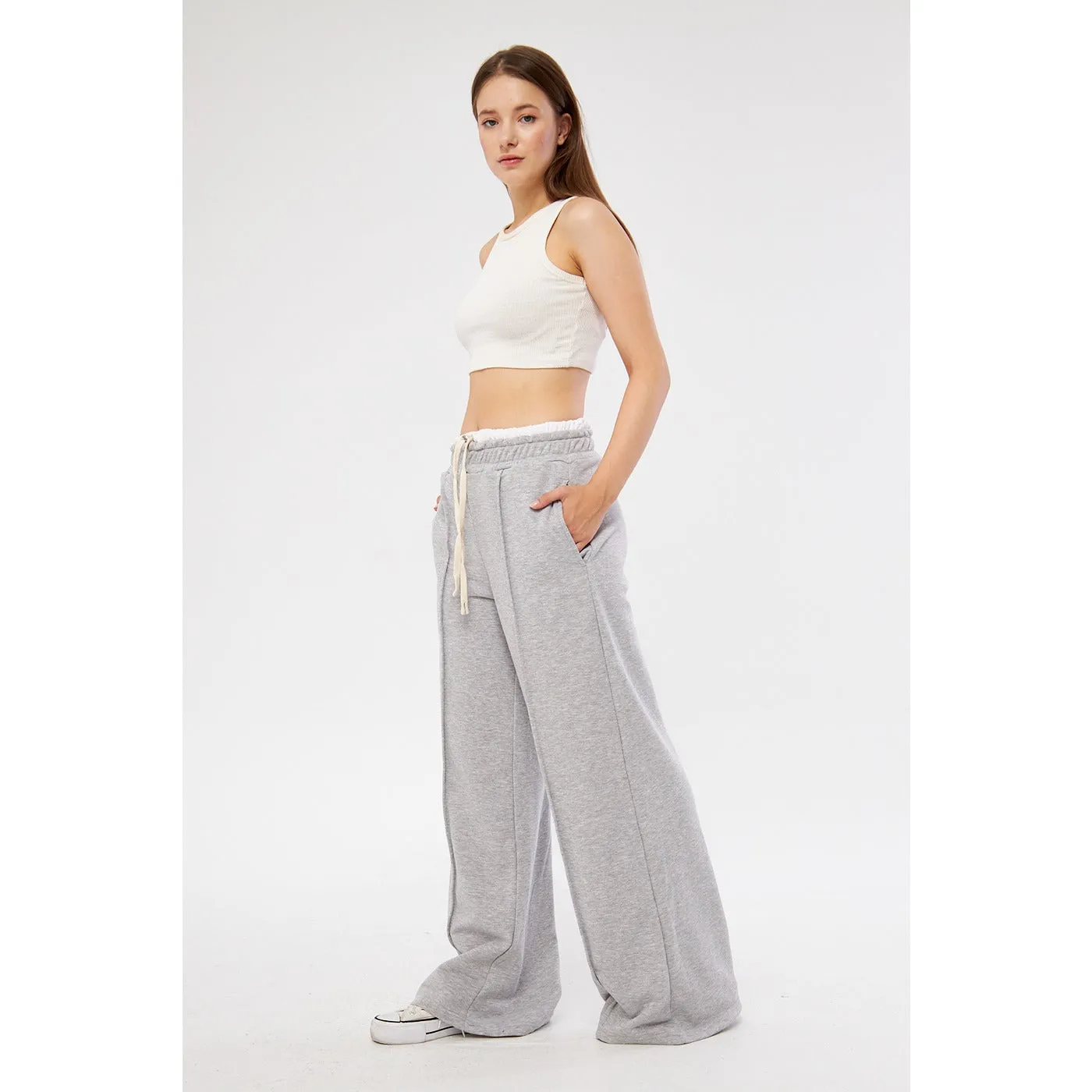 Grey Wide Leg Belt Contrast Trousers