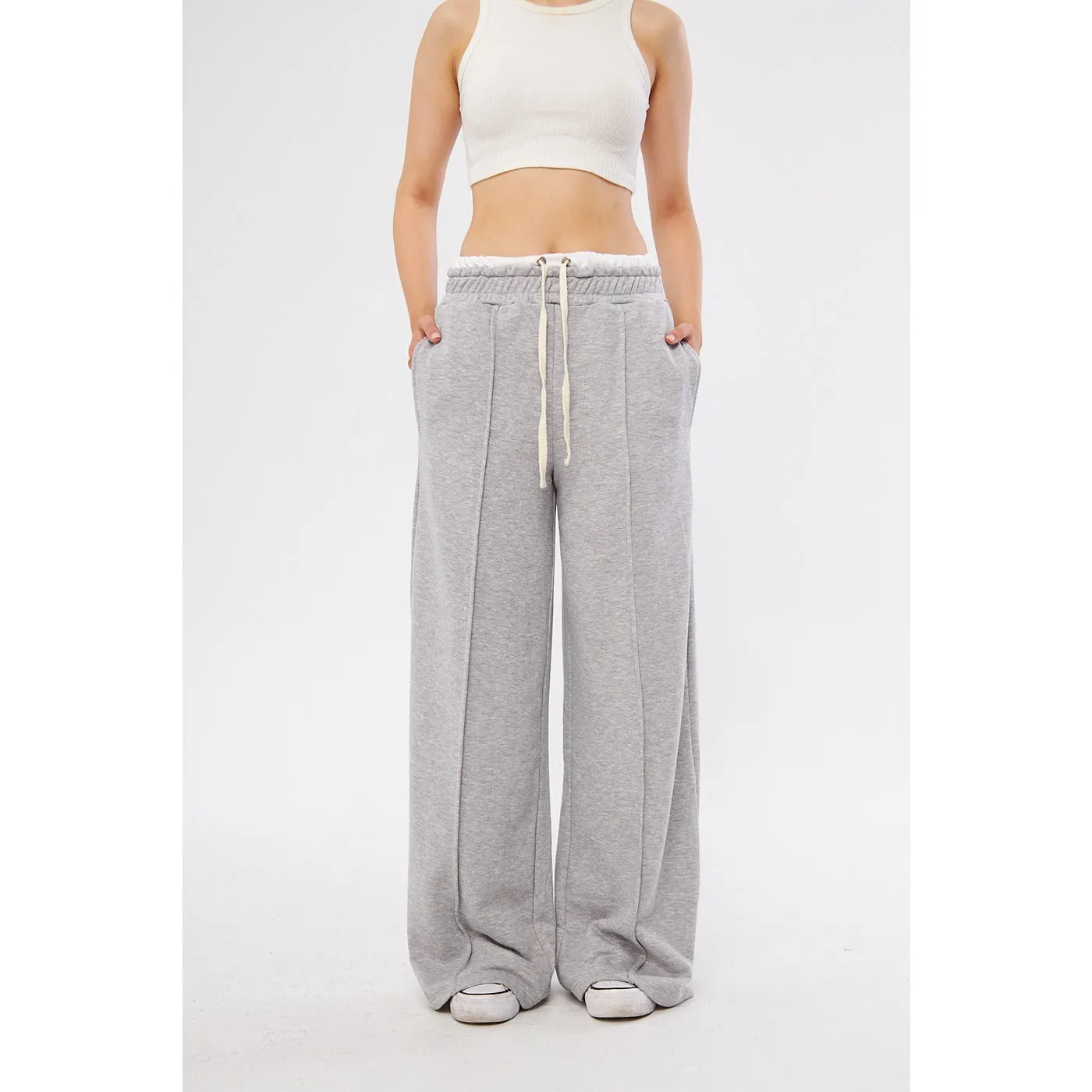 Grey Wide Leg Belt Contrast Trousers